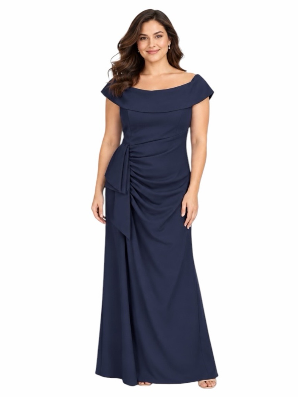 Xscape - NWT Navy Off Shoulder Scuba Crepe Formal Gown Dress Sz 14 Petite